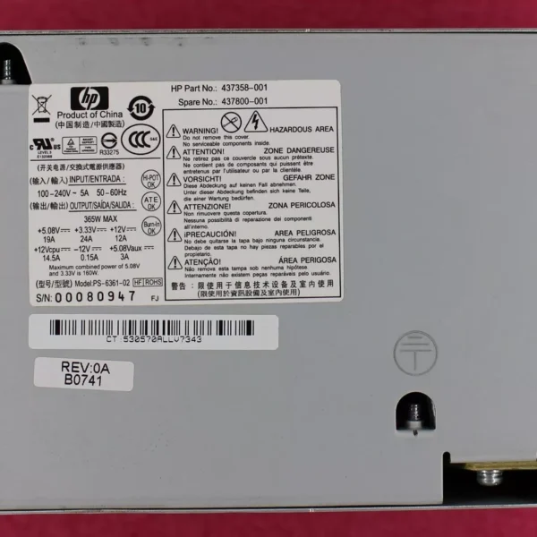 HP DC7608 DC7800 DC7900 MT 365W Power Supply PSU 437357-001 437799-001 PS-6361-4HP