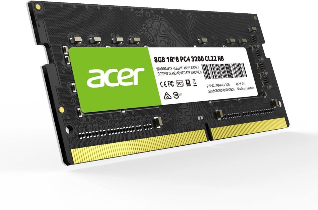 Acer 8GB DDR4 laptop RAM 260-pin SO-DIMM modules with speeds of 2133MHz, 2400MHz, 2666MHz, or 3200MHz,